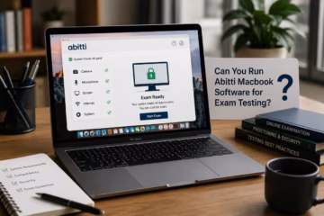 MacBook showing Abitti exam software with system checks, exam-ready status, books, and notes beside.