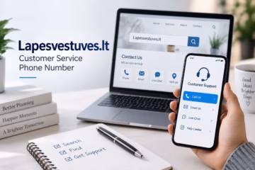 Person searching Lapesvestuves.lt customer service contact details using a smartphone and laptop.