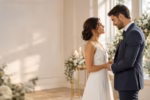 Married couple holding hands and sharing a heartfelt moment during their wedding ceremony