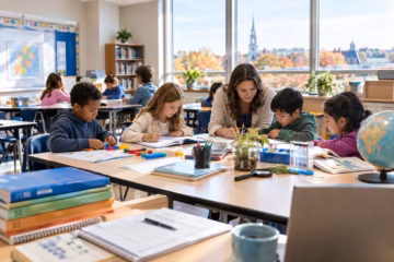 Teacher and elementary students explore math, reading, and science activities in a bright classroom.