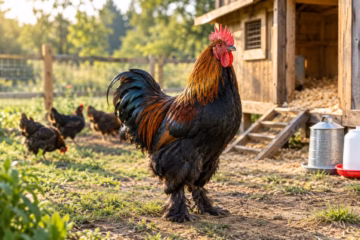 Black Copper Marans rooster standing in a sunny farmyard beside a wooden chicken coop with hens nearby.