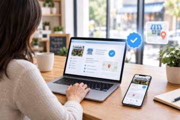 Business owner managing a local listing with a verification badge on a laptop and smartphone.