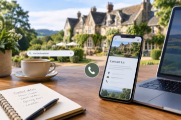 A smartphone showing hotel contact details beside a laptop and country house in the background.