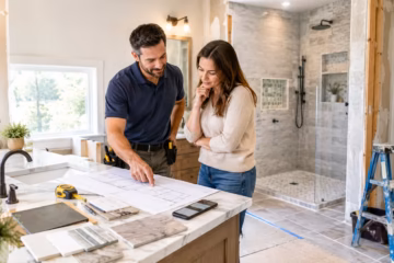 Bathroom contractor and homeowner reviewing renovation plans for a bright, modern bathroom project.