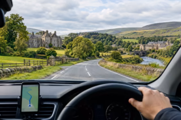 A drive through the Scottish countryside, featuring Castlemilk House, green hills, and the car's navigation system.