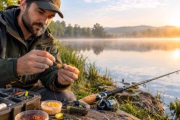 Angler attaching bait to a hook beside a misty lake at sunrise, with fishing gear and tackle nearby.
