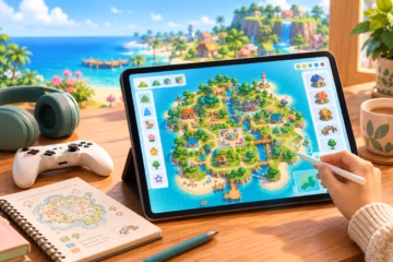 Tablet showing a colorful island town map beside a controller, notebook, and tropical island view.