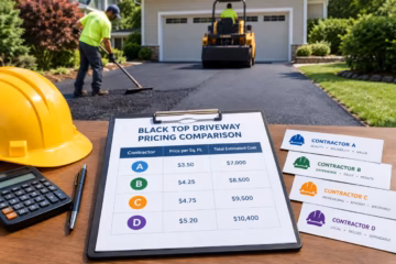 Blacktop driveway with contractors, paving equipment, and a pricing comparison chart.