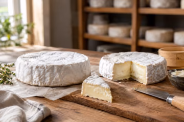 Artisan bloomy-rind cheeses at different stages of aging on rustic wooden table with a cheese knife.