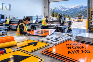 Colorado roadway sign manufacturing facility with workers producing reflective emergency traffic signs.