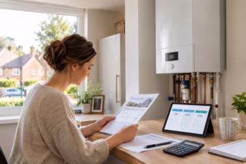 Woman reviewing boiler cover pricing beside a home heating boiler in a Hertfordshire home.