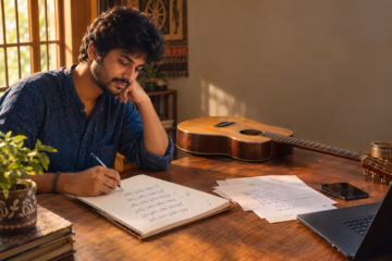 Odia songwriter composing rhyming lyrics in a notebook beside a guitar in a warm creative workspace.