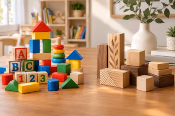 Colorful educational and decorative wooden blocks arranged side by side on wooden tabletop, indoors.