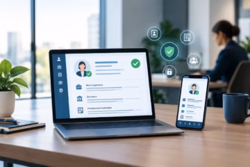 Professional profiles on a laptop and phone with verification badges in a modern office environment.