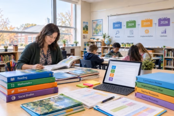 Teacher reviews elementary curriculum materials as students learn inside a Northeastern US classroom