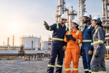 Refinery workers in protective coveralls and helmets beside industrial oil processing equipment yard