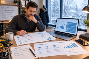 Business owner planning winter services and additional revenue streams in a modern office workspace.