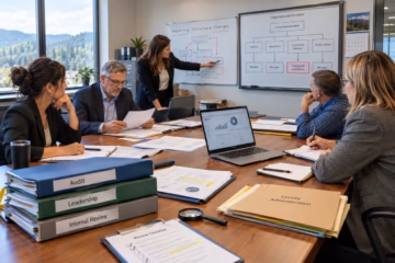 County officials review audit reports, leadership changes, and organizational charts in a meeting.