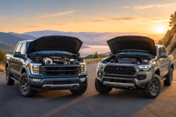 Ford EcoBoost and Toyota V6 pickup trucks compared side by side on a scenic mountain road.