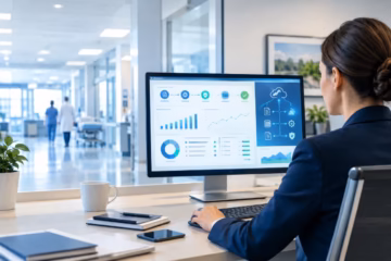 Healthcare manager reviewing automated revenue cycle analytics on a hospital office computer.