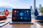 Laptop showing AI privacy compliance with Swiss FADP and EU GDPR symbols in a modern office setting.