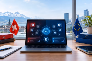 Laptop showing AI privacy compliance with Swiss FADP and EU GDPR symbols in a modern office setting.
