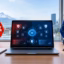 Laptop showing AI privacy compliance with Swiss FADP and EU GDPR symbols in a modern office setting.
