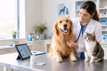 A veterinarian examining a healthy dog and cat in a modern clinic with pet medication nearby.