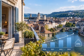 Besançon cityscape and river with a vacation apartment and a graphic showing Airbnb listings growth.