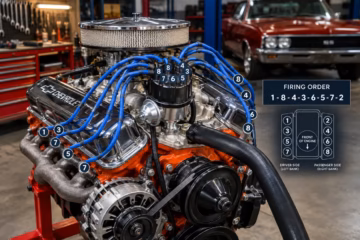 Classic Chevy small-block V8 engine with spark plug wires and firing order shown in a garage scene.
