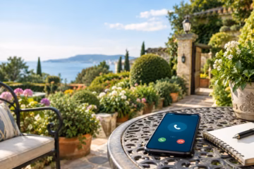 Smartphone showing a phone call beside a notebook on a table in a lush coastal garden setting.