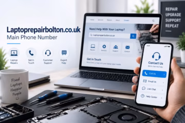 Laptoprepairbolton.co.uk contact page shown on a laptop and phone beside professional repair tools.