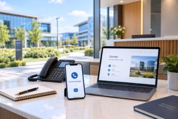 Modern science park reception with phone, laptop contact page, and business directory
