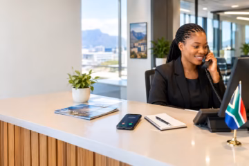 Modern South African office reception with a receptionist answering a phone call
