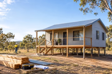 Affordable Australian two-bedroom pole home raised on supports in a sunny rural landscape and timber
