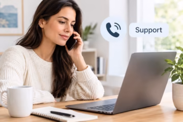 A woman on the phone with a laptop, illustrating customer support and contact assistance.