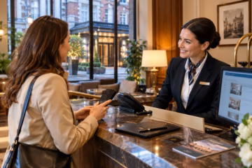 Hotel guest discussing a room booking with a receptionist at an elegant UK hotel reception.