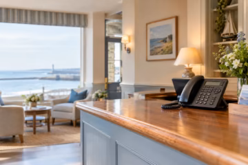 Coastal hotel reception desk with telephone, warm lighting, and a calm seaside view through large windows.