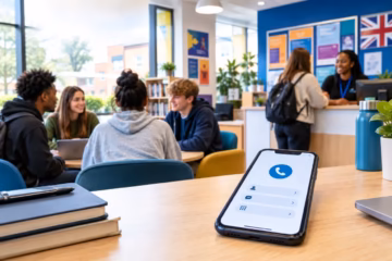 Young people in a UK youth centre with a smartphone showing a generic phone contact interface.