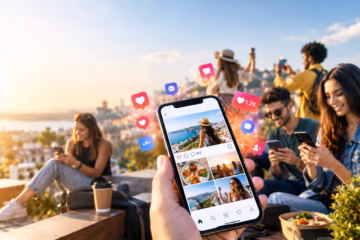 Young adults using smartphones with social media hearts, likes and lifestyle posts at a sunset scene