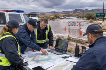 Emergency officials review flood maps beside a flooded road in Mohave County, Arizona, after storms.