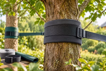 Tree-friendly straps securely wrapped around a healthy trunk without damaging the bark.