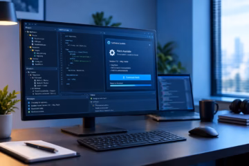 Developer workstation displaying a software patch download window on a large desktop monitor.