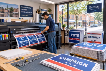 Print shop worker producing political yard signs in an Easton, Maryland, local sign printing studio.