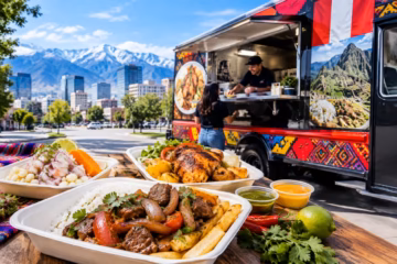 Peruvian food truck serving authentic dishes against the Salt Lake City skyline and mountains.