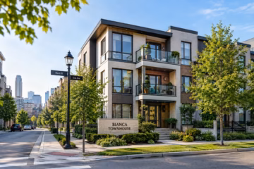 Modern Bianca Townhouse set on a landscaped city street with contemporary homes and an urban skyline.