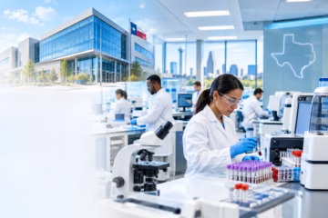 Scientists work in a modern Texas clinical laboratory with advanced testing equipment & lab samples.