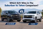 Chevrolet Suburban and Tahoe SUVs parked side by side in a scenic setting for a detailed comparison.