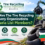Tire recycling facility in Bulgaria with stacked tires, recycling symbols, and a map highlighting Bulgaria.