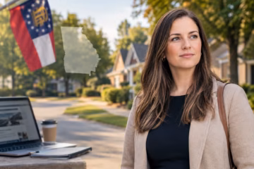 Editorial portrait of a woman in a Georgia neighborhood with subtle news and state imagery in view.